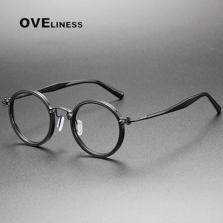 Oveliness Unisex Full Rim Round Acetate Titanium Eyeglasses 5862 Full Rim Oveliness black
