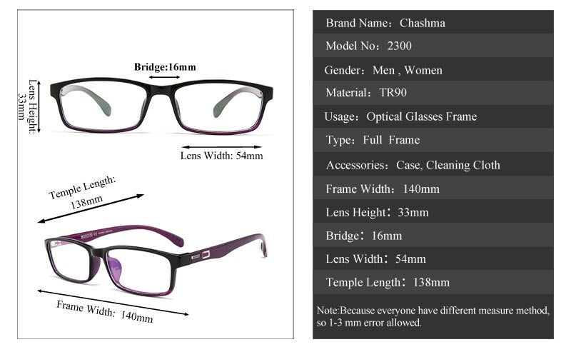 Chashma Men's Full Rim TR 90 Resin Titanium Rectangle Frame Eyeglasses 2300 Full Rim Chashma