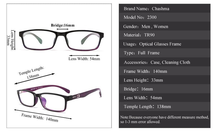 Chashma Men's Full Rim TR 90 Resin Titanium Rectangle Frame Eyeglasses 2300 Full Rim Chashma