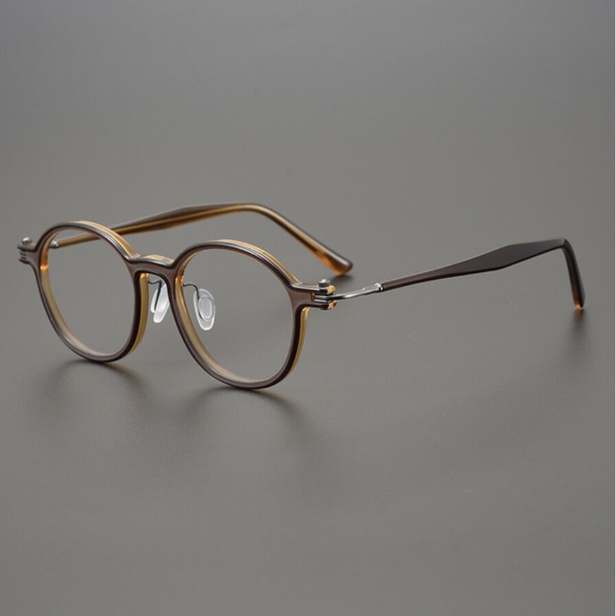 CCspace Unisex Full Rim Round Acetate Titanium Eyeglasses 53259 Full Rim CCspace Brown-Round China