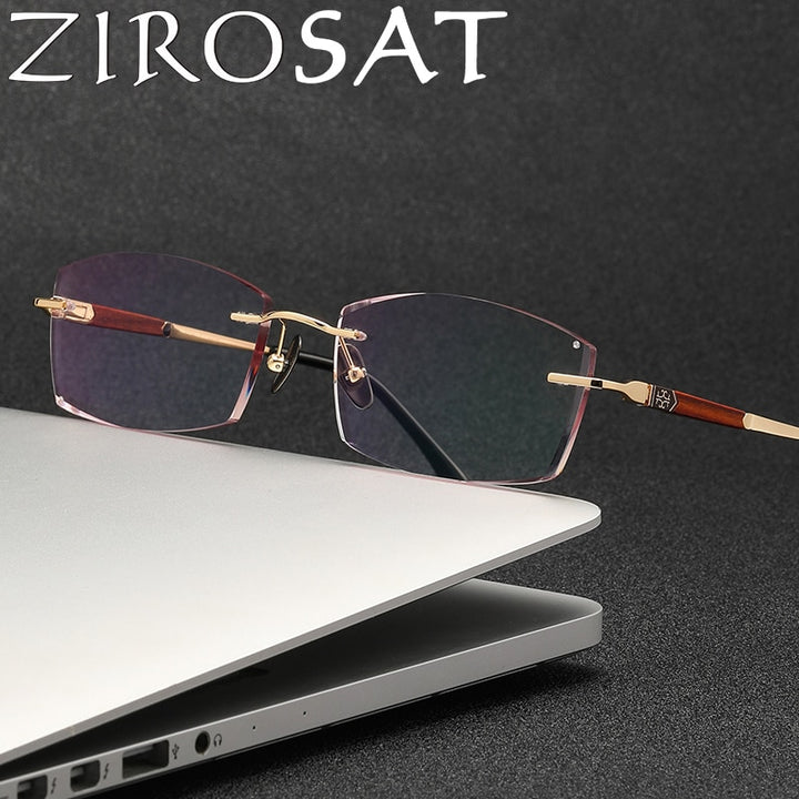 Zirosat Men's Rimless Rectangle Titanium Diamond Cut Wood Temple Eyeglasses  3016 Rimless Zirosat   