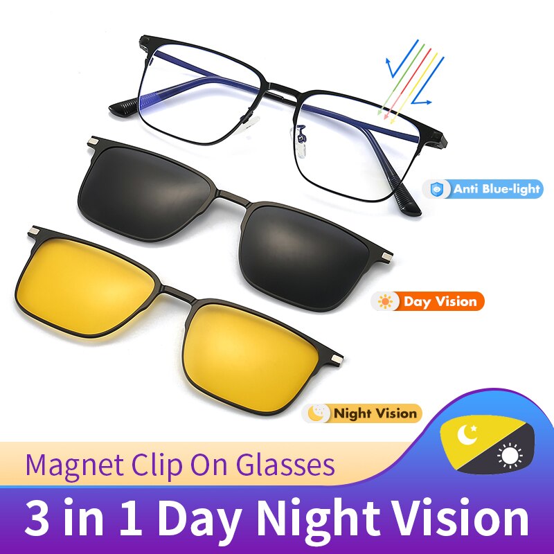 Hdcrafter Unisex Full Rim Square Alloy Eyeglasses Clip On Polarized Sunglasses 7012 With Clip Ons Hdcrafter Eyeglasses