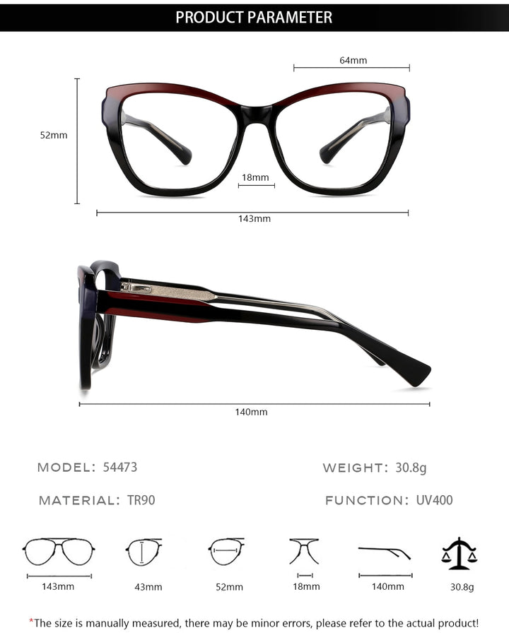 CCspace Unisex Full Rim Square Cat Eye Tr 90 Titanium Eyeglasses 54473 Full Rim CCspace