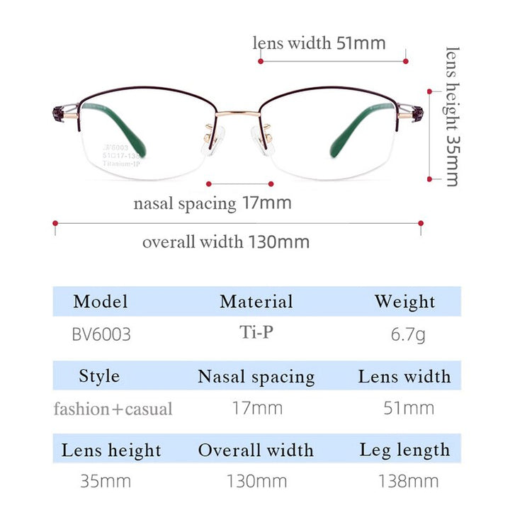 Hotony Women's Semi Rim Square Titanium Eyeglasses Bv6003 Semi Rim Hotony