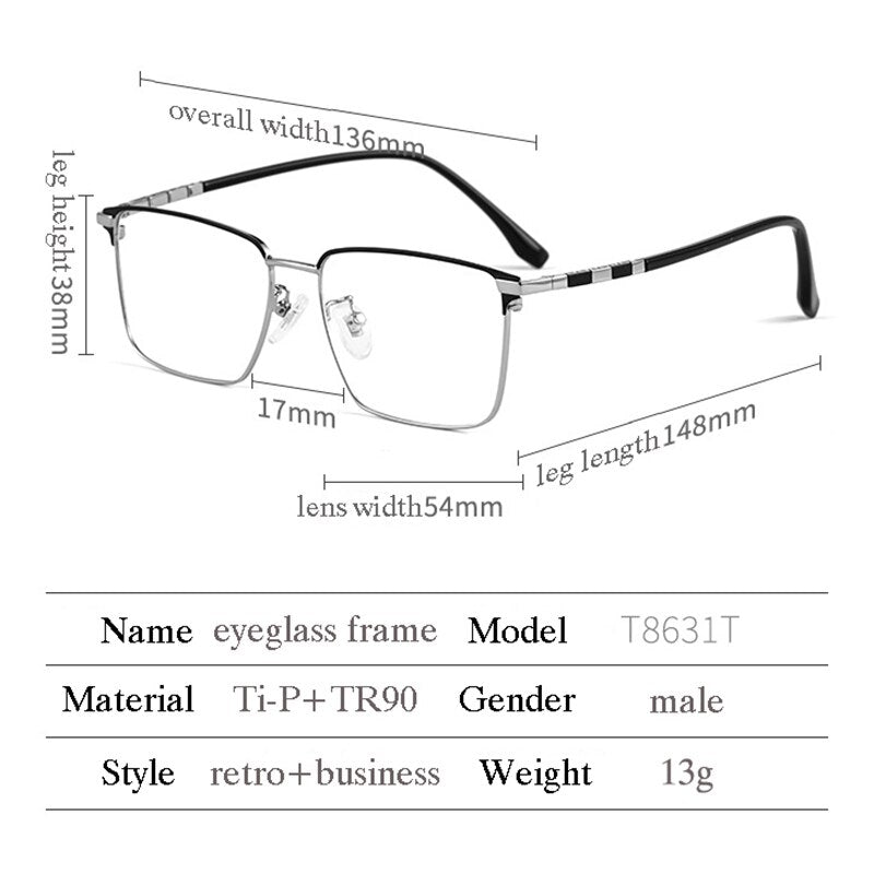 Hotochki Men's Full Rim Square Tr 90 Titanium Frame Eyeglasses T8631t Full Rim Hotochki