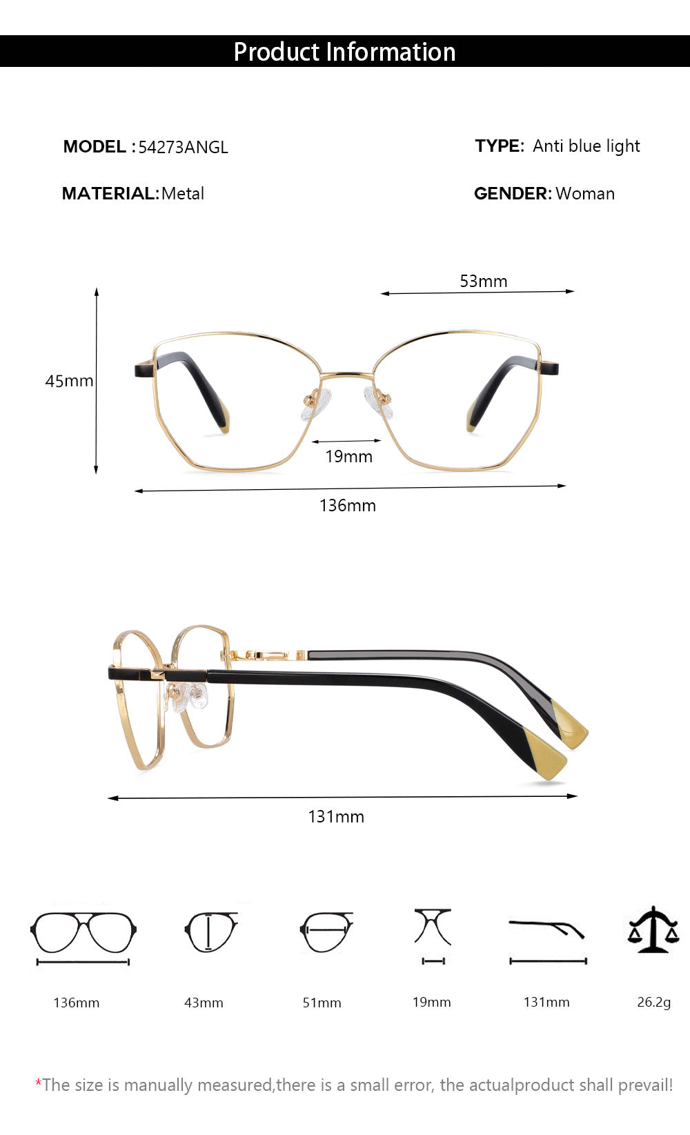 CCspace Women's Full Rim Square Cat Eye Alloy Frame Eyeglasses 54273 Full Rim CCspace