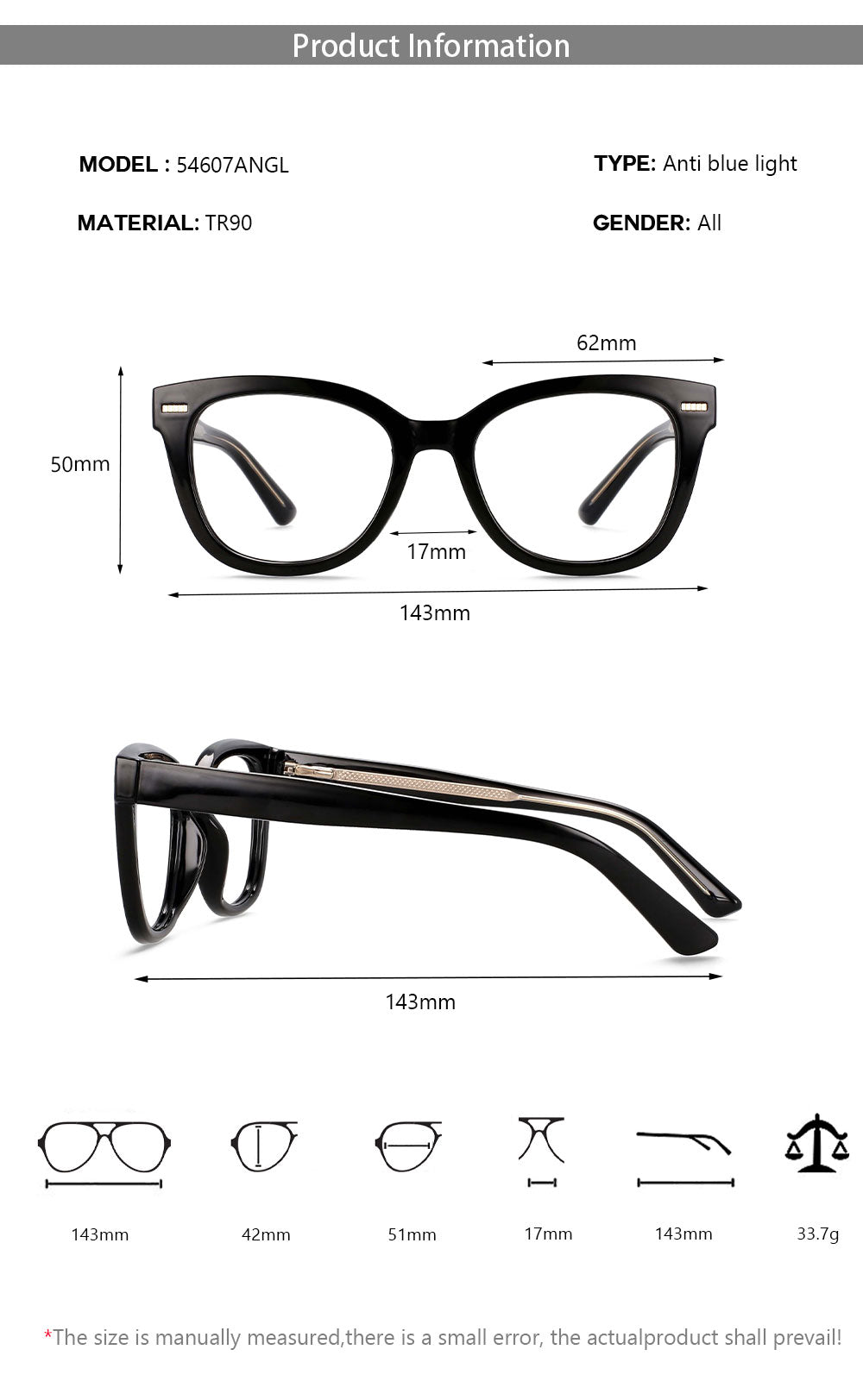 CCspace Unisex Full Rim Square Cat Eye Frame Eyeglasses 54607 Full Rim CCspace