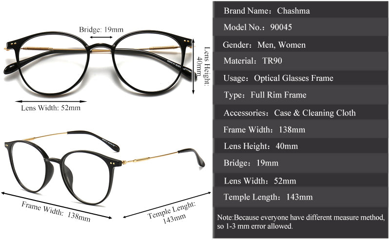 Chashma Unisex TR 90 Titanium Round Full Rim Frame Eyeglasses 90045 Full Rim Chashma