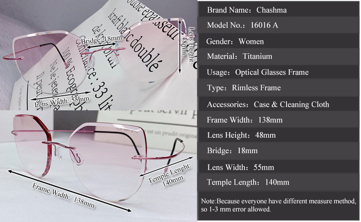 Chashma Women's Rimless Cat Eye Titanium Frame Gradient Color Lens Eyeglasses 16016a Rimless Chashma