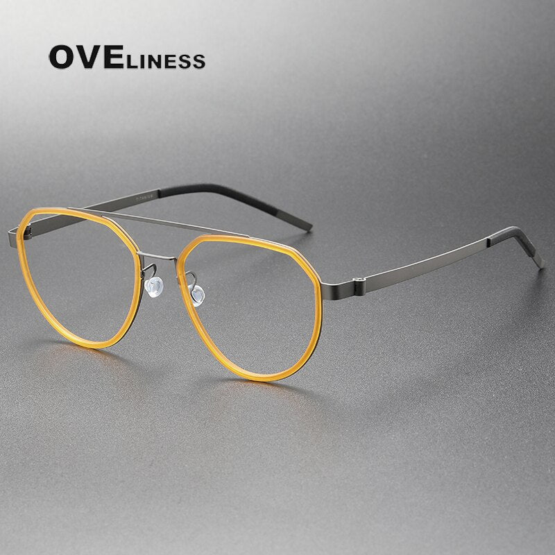 Oveliness Unisex Full Rim Round Double Bridge Acetate Titanium Eyeglasses 9745 Full Rim Oveliness yellow gun