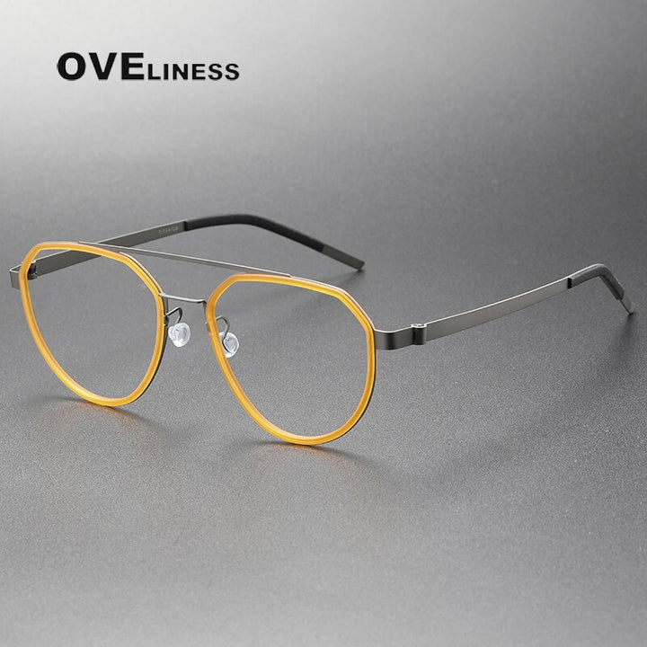Oveliness Unisex Full Rim Round Double Bridge Acetate Titanium Eyeglasses 9745 Full Rim Oveliness yellow gun