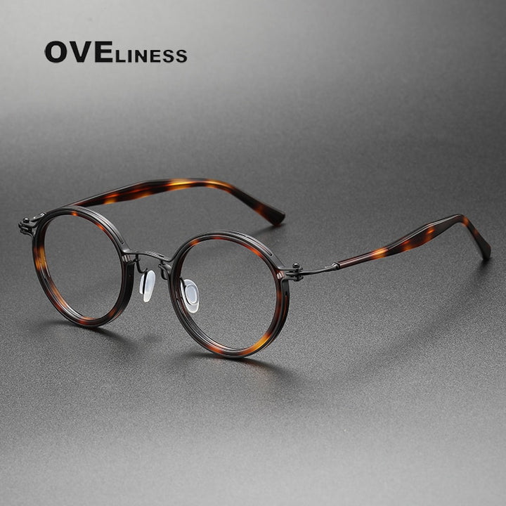 Oveliness Unisex Full Rim Round Acetate Titanium Eyeglasses 5862 Full Rim Oveliness tortoise black