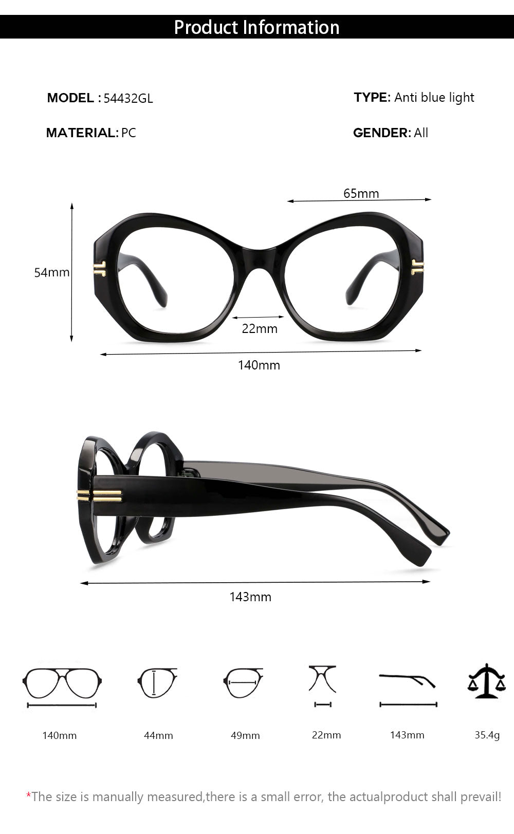 CCspace Unisex Oversized Round Resin Alloy Rivet Frame Eyeglasses 54432 Full Rim CCspace