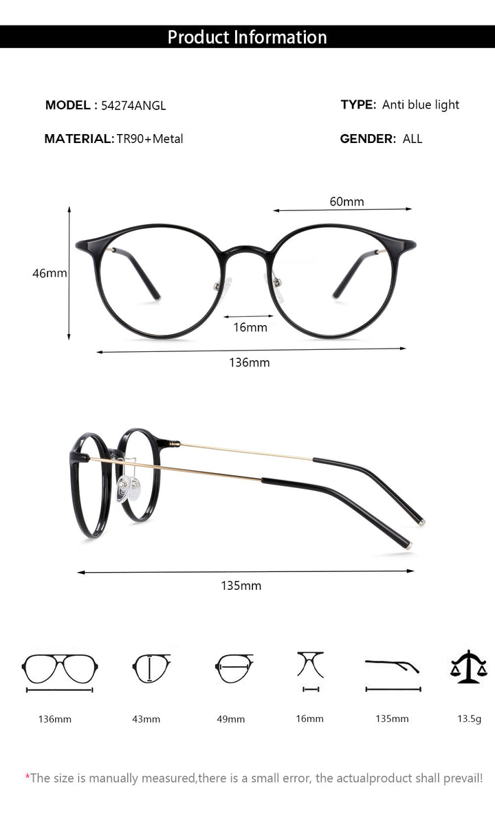 CCspace Unisex Full Rim Round Tr 90 Titanium Frame Eyeglasses 54274 Full Rim CCspace