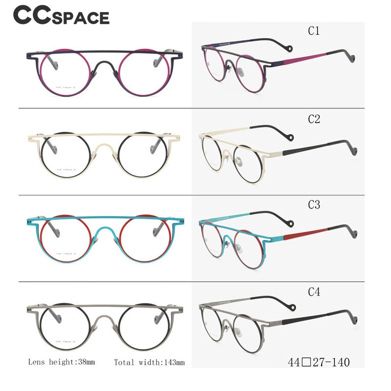 CCspace Unisex Full Rim Round Double Bridge Titanium Eyeglasses 55266 Full Rim CCspace