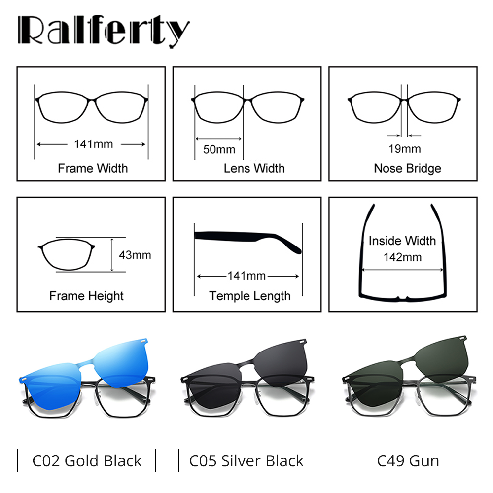 Ralferty Unisex Full Rim Square Alloy Acetate Eyeglasses With Clip On Polarized Sunglasses D8201 With Clip Ons Ralferty