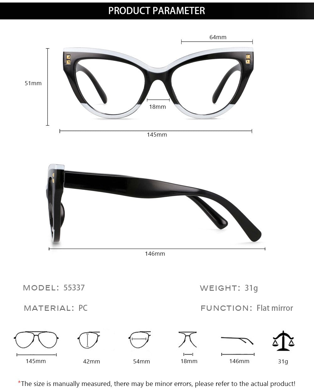 CCspace Women's Full Rim Big Cat Eye Acetate Eyeglasses S55337 Full Rim CCspace