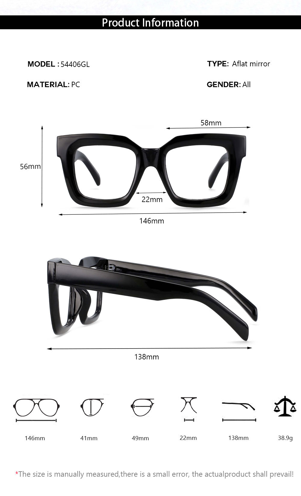 CCspace Unisex Oversized Square Resin Frame Eyeglasses 54406 Full Rim CCspace