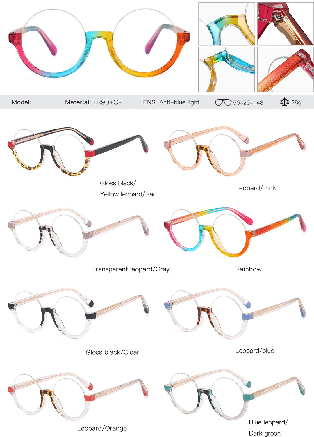 CCspace Unisex Semi Rim Round Tr 90 Titanium Eyeglasses 55611 Semi Rim CCspace