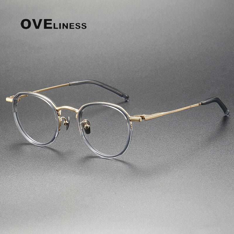 Oveliness Unisex Full Rim Round Acetate Titanium Eyeglasses M43 Full Rim Oveliness grey gold