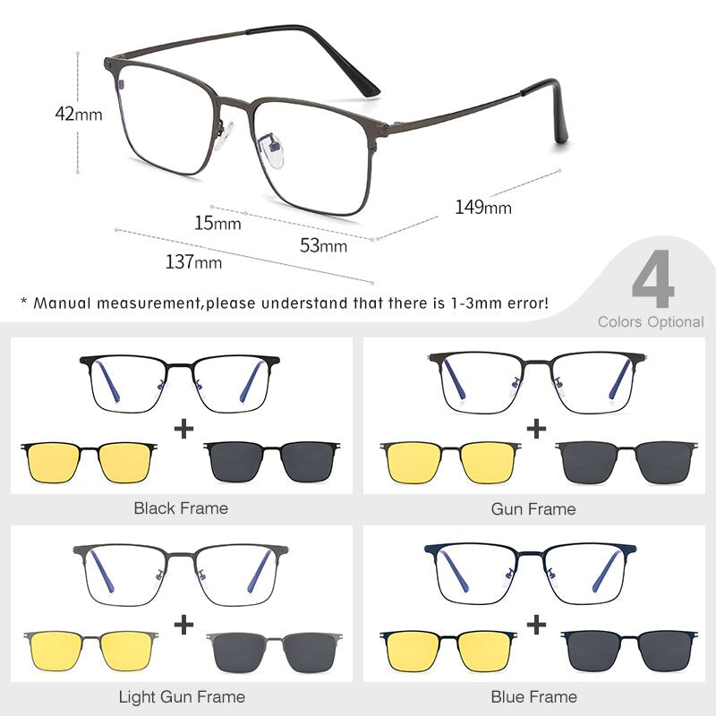 Hdcrafter Unisex Full Rim Square Alloy Eyeglasses Clip On Polarized Sunglasses 7012 With Clip Ons Hdcrafter Eyeglasses