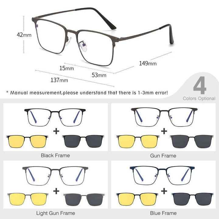 Hdcrafter Unisex Full Rim Square Alloy Eyeglasses Clip On Polarized Sunglasses 7012 With Clip Ons Hdcrafter Eyeglasses