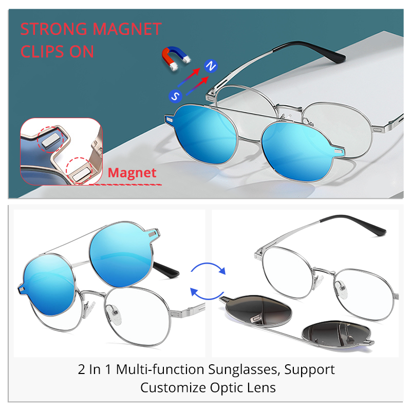 Ralferty Unisex Full Rim Oval Alloy Eyeglasses With Clip On Polarized Sunglasses D8802 With Clip Ons Ralferty