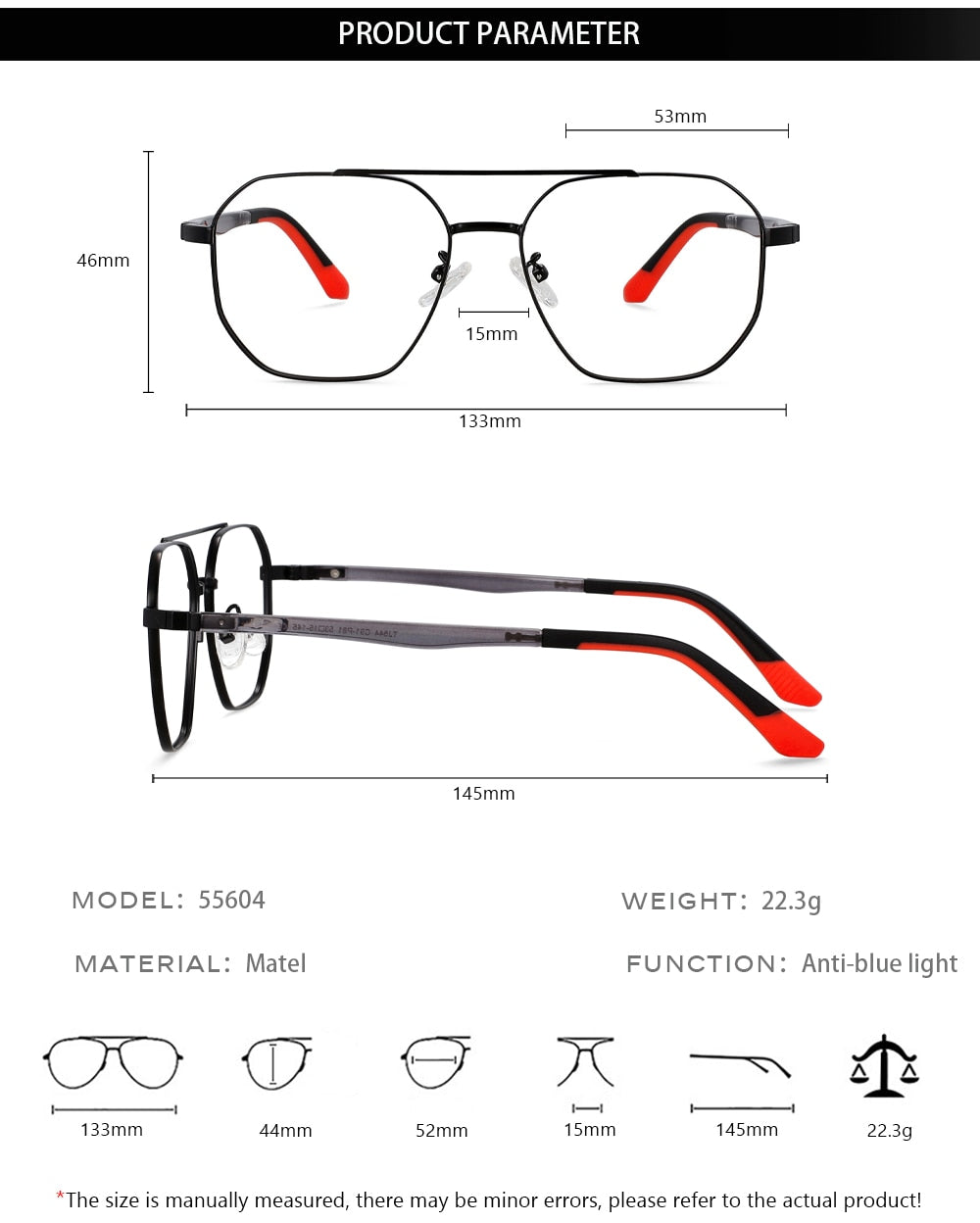 CCspace Unisex Full RIm Oval Double Bridge Alloy Eyeglasses 55604 Full Rim CCspace