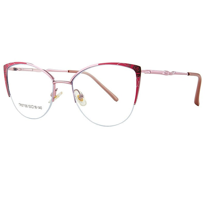 Yimaruili Women's Semi Rim Square Cat Eye Acetate Alloy Eyegllasses 87198 Semi Rim Yimaruili Eyeglasses Pink C3