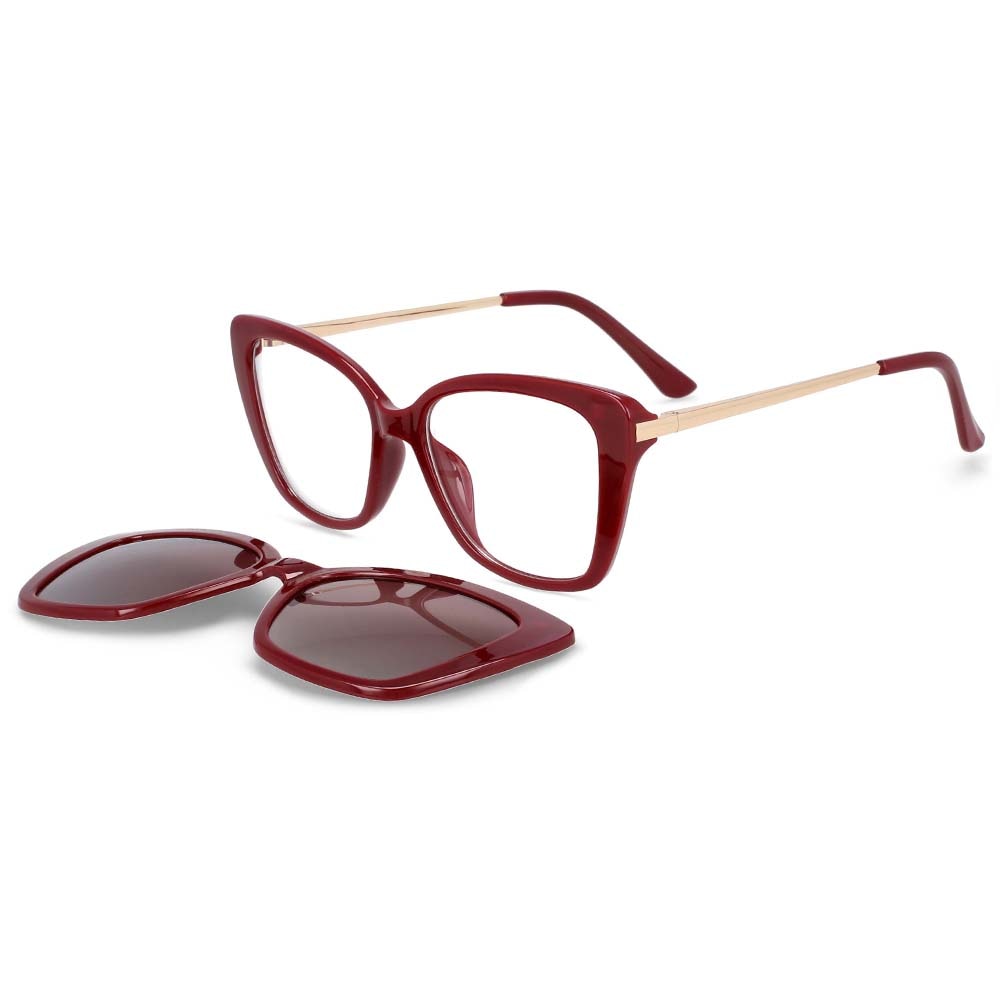 CCspace Women's Full Rim Rectangle Cat Eye Tr 90 Titanium Eyeglasses Clip On Sunglasses 53851 With Clip Ons CCspace Red China white