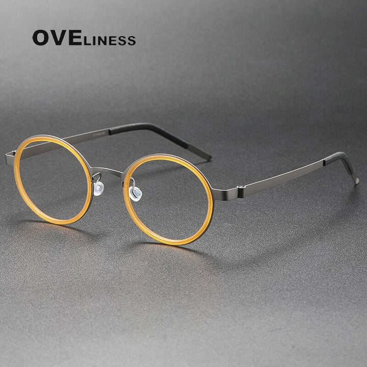 Oveliness Unisex Full Rim Round Acetate Titanium Eyeglasses 9707 Full Rim Oveliness yellow gun