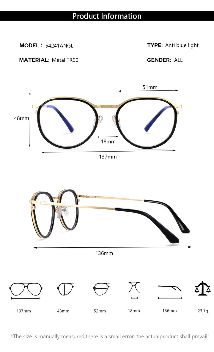 CCspace Unisex Full Rim Round Tr 90 Alloy Frame Eyeglasses 54241 Full Rim CCspace