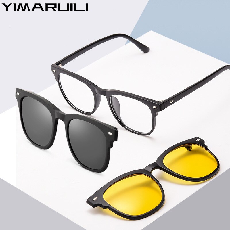 Yimaruili Unisex Full Rim Square Tr 90 Eyeglasses Clip On Polarized Sunglasses 5502R With Clip Ons Yimaruili Eyeglasses
