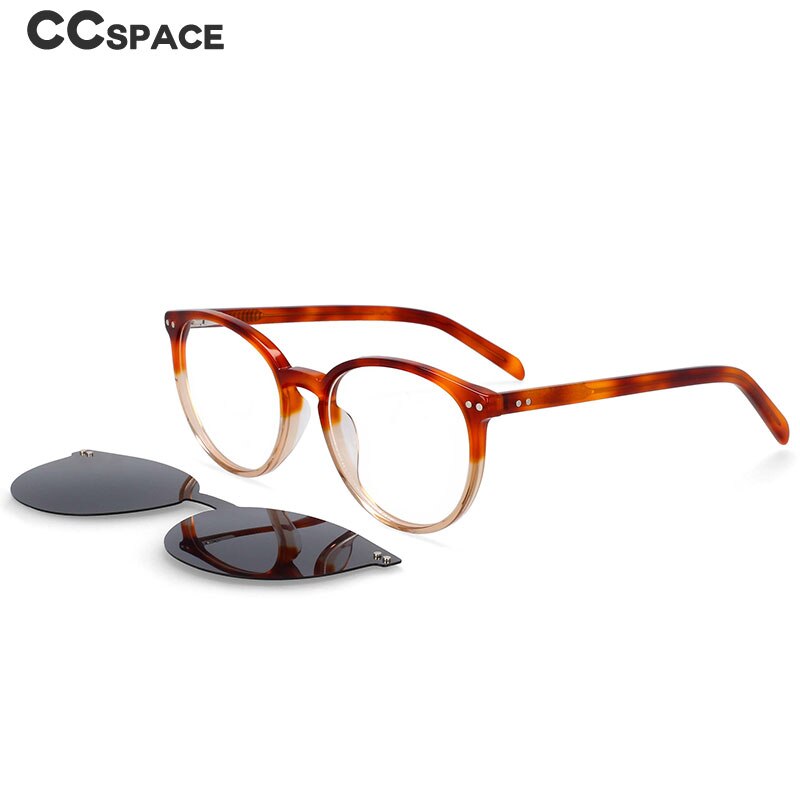 CCspace Unisex Full Rim Round Cat Eye Acetate Frame Eyeglasses Clip On Sunglasses 54331 With Clip Ons CCspace