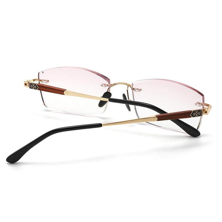 Zirosat Men's Rimless Rectangle Titanium Diamond Cut Wood Temple Eyeglasses  3016 Rimless Zirosat