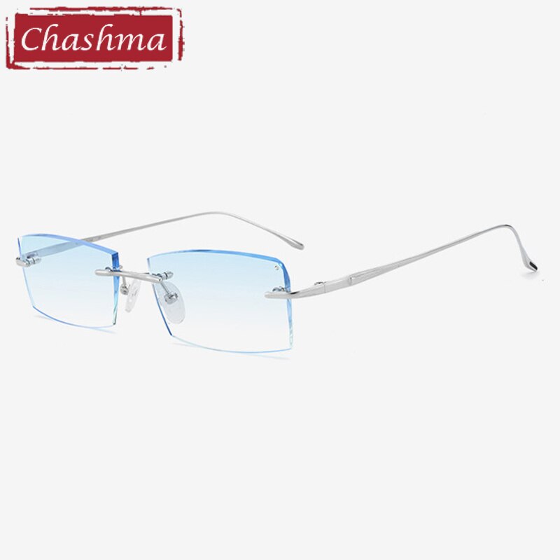 Chashma Ottica Men's Rimless Square Rectangle Titanium Eyeglasses Tinted Lenses 98069 Rimless Chashma Ottica Silver Blue