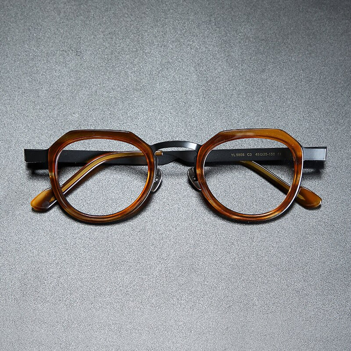 Gatenac Unisex Full Rim Round Square Acetate Titanium Eyeglasses Gxyj919 Full Rim Gatenac Tortoiseshell Gun