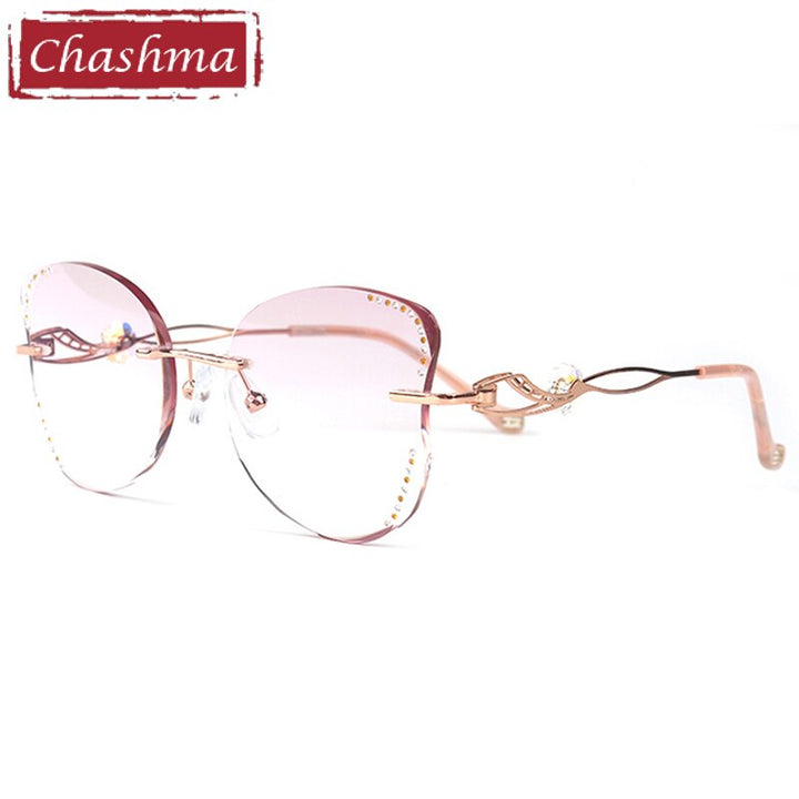 Chashma Women's Rimless Butterfly Titanium Rhinestone Eyeglasses 88061 Rimless Chashma Rose Gold Gray Red