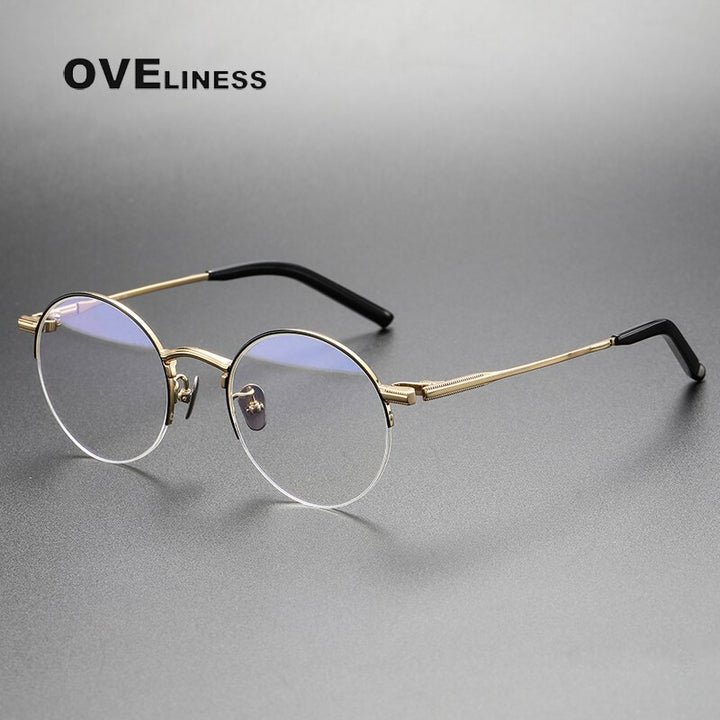Oveliness Unisex Semi Rim Round Titanium Eyeglasses 185 Semi Rim Oveliness black gold