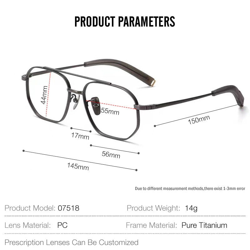 Muzz Unisex Full Rim Square Double Bridge Titanium Frame Eyeglasses 07518 Full Rim Muzz