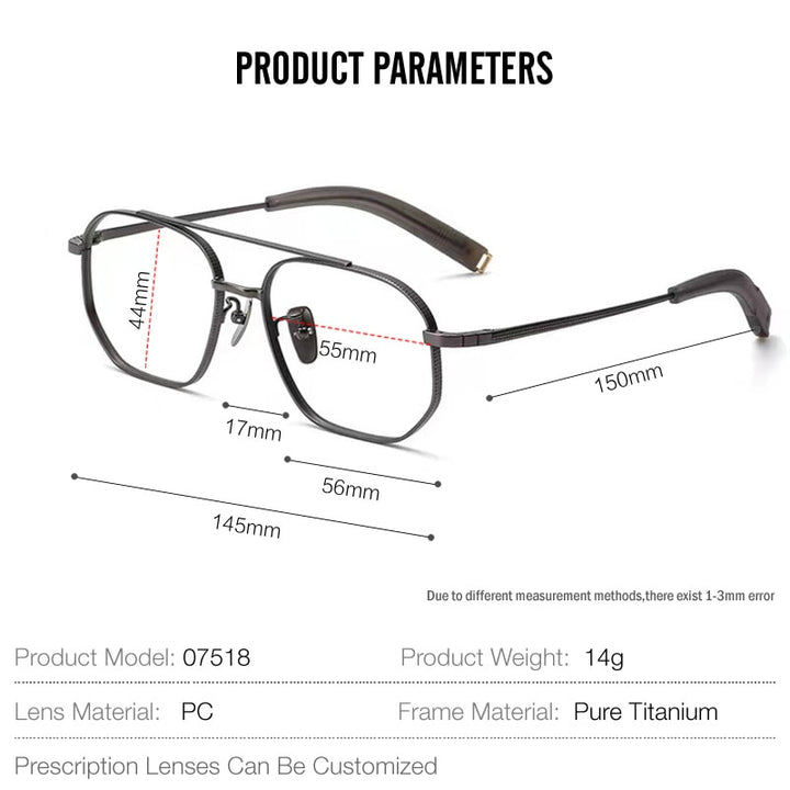 Muzz Unisex Full Rim Square Double Bridge Titanium Frame Eyeglasses 07518 Full Rim Muzz