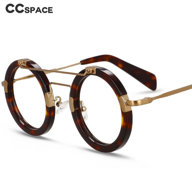CCspace Unisex Full Rim Round Double Bridge Acetate Alloy Eyeglasses 55096 Full Rim CCspace