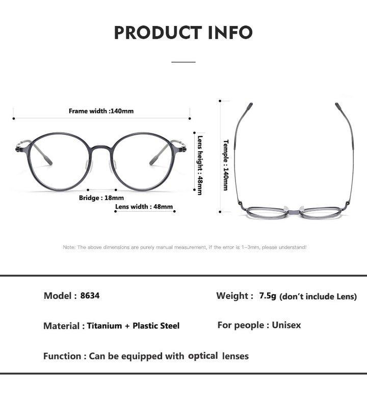 Oveliness Unisex Full Rim Round Screwless Titanium Eyeglasses 8634 Full Rim Oveliness