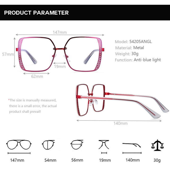 CCspace Women's Full Rim Square Hollow Alloy Frame Eyeglasses 54205 Full Rim CCspace