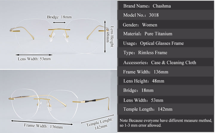 Chashma Women's Rimless Diamond Cut Titanium Round Frame Eyeglasses 3018 Rimless Chashma