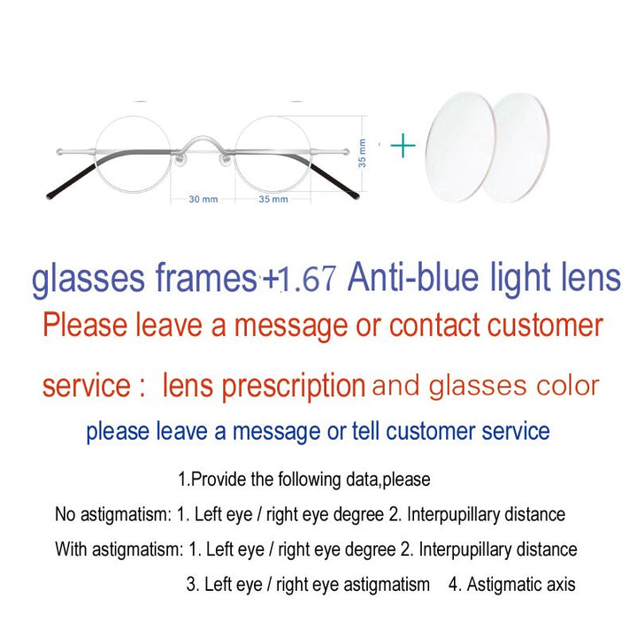 Yujo Unisex Semi Rim Round Stainless Steel Eyeglasses Customized Lens Options 35mm Semi Rim Yujo 1.67 China