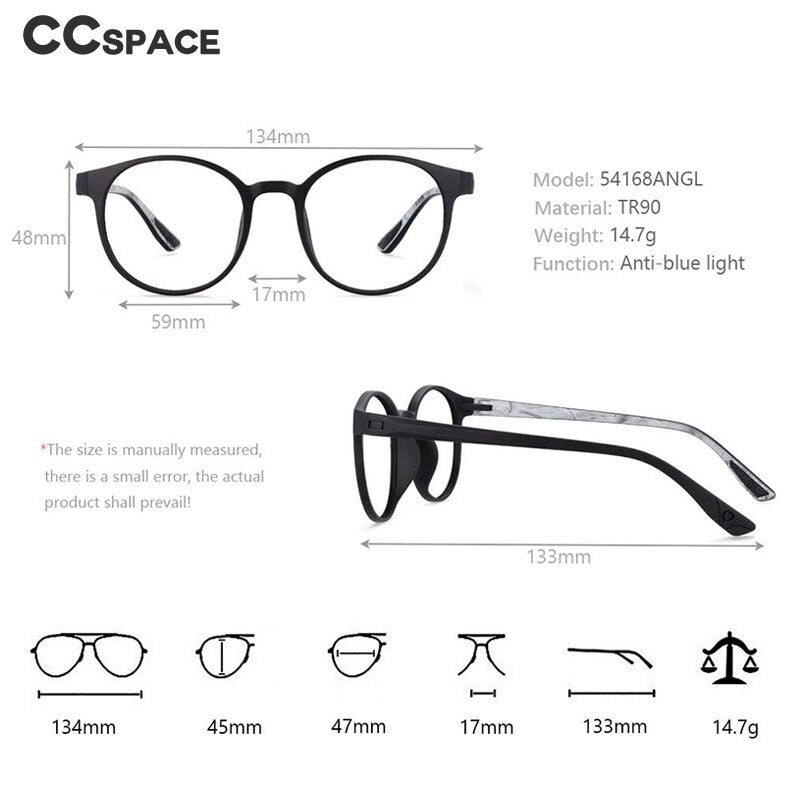 CCspace Unisex Full Rim Round Tr 90 Titanium Frame Eyeglasses 54168 Full Rim CCspace