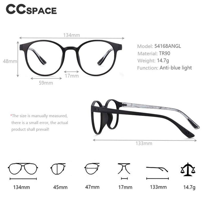 CCspace Unisex Full Rim Round Tr 90 Titanium Frame Eyeglasses 54168 Full Rim CCspace