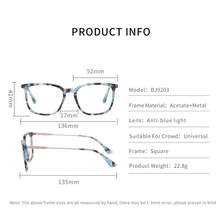 Zirosat Unisex Full Rim Square Acetate Eyeglasses Bj9203 Full Rim Zirosat