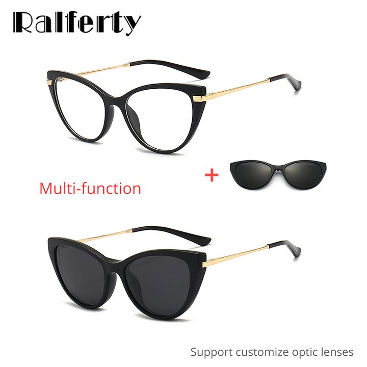 Ralferty Women's Full Rim Oval Cat Eye Acetate Eyeglasses With Clip On Sunglasses 2353 With Clip Ons Ralferty
